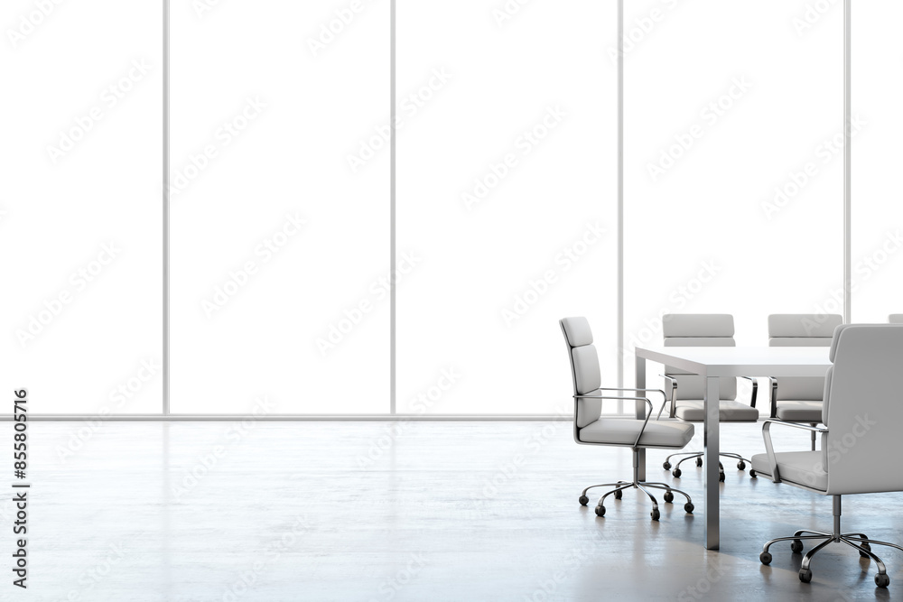 Poster modern meeting room with white chairs and table, simple style, against large windows, concept of a c