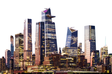 A photograph of the Manhattan skyline during twilight with illuminated buildings against a dusk sky