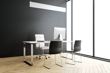 Modern office interior with desk, chair, and computer monitor, clean and bright, with a wooden floor and black wall, concept of workspace. 3D Rendering