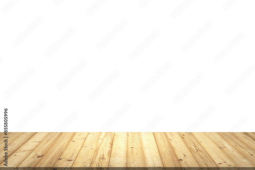 Aufkleber a wooden table top with a perspective view on a clean white background, concept of a workspace or di