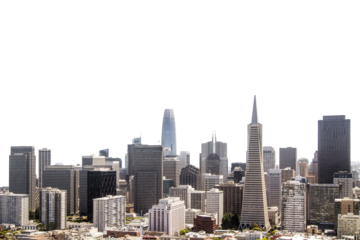 San Francisco skyline with various buildings, a clear style on a white background