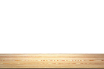 Wooden surface at the bottom with a white, clean background above, depicting a blank space concept. 3D Rendering