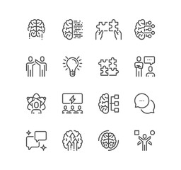 Set of brainstorming related icons, creativity, novel idea, brain, success, teammate and linear variety vectors.

