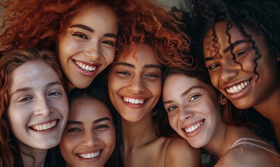 Fototapeta premium close knit group multiracial smiling women with curly hair, celebrating diversity and friendship
