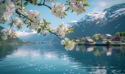 View of snow-capped mountains and crystal clear water. Close-up of an apple tree branch with blossoming flowers hanging over the water