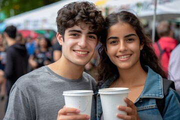 Smiling young couple enjoying coffee outdoors at a street festival