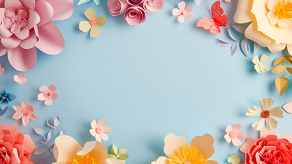 Beautiful colorful frame from papercut flowers on light blue backgroud