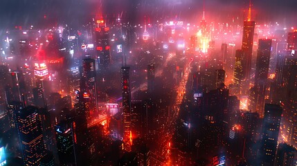 Futuristic digital grid overlaying a dark cyberpunk cityscape. The city is illuminated by neon lights, with towering skyscrapers and holographic advertisements, creating a high-tech 