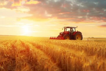 Naklejka premium red tractor plows through a wheat field at sunset, capturing the beauty and dedication of agricultural work against a golden sky backdrop.