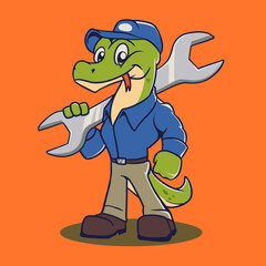 Komodo Holding a Large Wrench Mascot Cartoon Vector