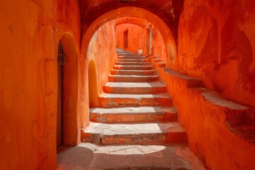 Naklejka premium Vibrant orange ancient archway with stone steps