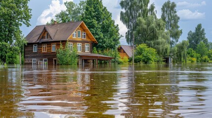 Obraz premium consequences of a flood in a small town or village. private houses and streets in water after a dam break or rainstorms