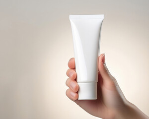 Woman hand is holding a white mockup tube, an empty white skincare tube, isolated on a clean background.
