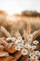 Background with wheat and empty space for text. Harvest festival, lugnasad, lammas, grain harvest festival, bread day. Farmer's bread. growing grain crops