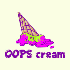 Ice cream logo vector emblem. Fallen Ice cream in a waffle cone funny illustration. Dessert food, frozen gelato or gelateria sign or symbol for shop. Cafe emblem. Identity design