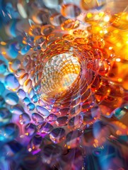 Abstract Colorful Tunnel with Reflective Surfaces and Bokeh Lights in a Vivid Spiral Pattern