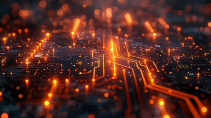 Fototapeta premium Grid with integrated circuit board lines, emphasizing technology and connectivity. The design features intricate circuit patterns with glowing lines, set against a dark background