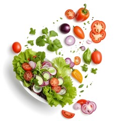 A fresh salad with various vegetables including lettuce, tomatoes, bell peppers, onions, and herbs