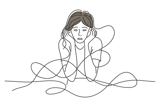 recommend clip art: Anxious and depressed woman, doodle continuous line art vector illustration.