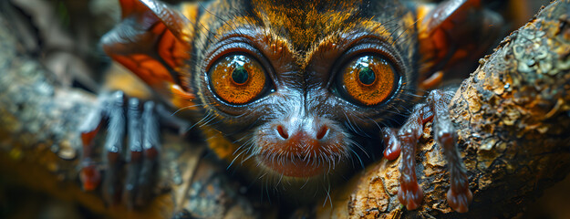 Fototapeta premium Close-up Philippine Tarsier (Tarsius syrichta) on tree in pure jungle on Bohol Island, Philippines