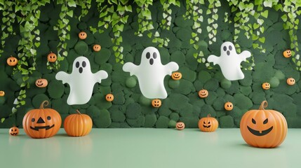 Minimalistic Halloween Decorations: White Ghosts Floating in Front of Green Ivy Wall with Pumpkins on the Ground