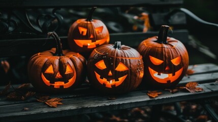 Traditional Halloween Pumpkins with Carved Faces in Night Park with Bokeh Lights