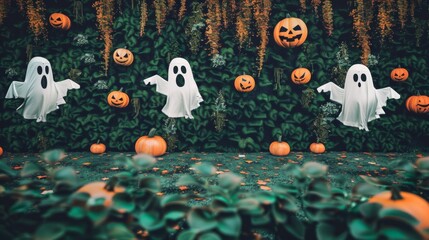 Minimalistic Halloween Decorations: White Ghosts Floating in Front of Green Ivy Wall with Pumpkins on the Ground