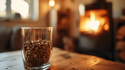 Wood pellet in a glass with a stove in the background