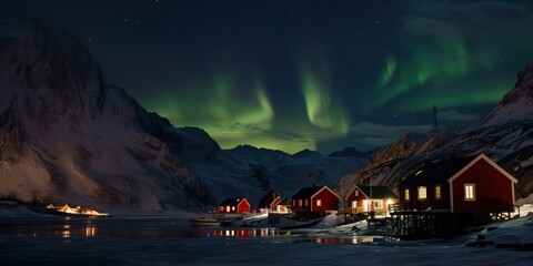 Panoramic Northern Lights, Aurora Borealis polar lights stunning wallpaper poster banner design with copyspace