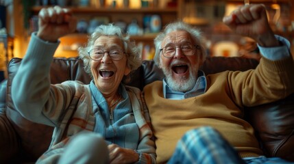 Obraz premium portrait of a couple of Caucasian pensioners fans joyfully raising their eyes up while sitting on the sofa at home rejoicing in victory. joyful elderly people celebrating success