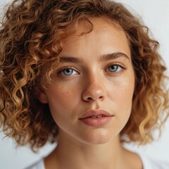 Beautiful brown haired with stylish short hairstyle. Woman with a curly hair. Beautiful young woman with freckles on face. Closeup portrait of an attractive girl