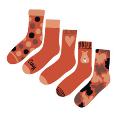 Set of warm colorful child warm socks in simple naive style, vector