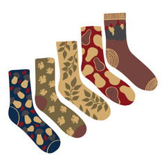 Set of warm colorful child warm socks in simple naive style, vector