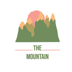 Vector poster with mountains in simple, naive style, setting sun