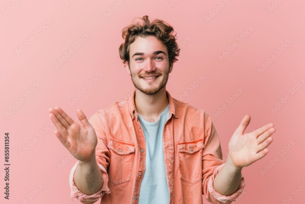 Wall mural Portrait of a glad caucasian man in his 20s joining palms in a gesture of gratitude isolated on solid pastel color wall - Wall murals