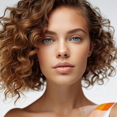 Naklejka premium Beautiful brown haired with stylish short hairstyle. Woman with a curly hair. Beautiful young woman with freckles on face. Closeup portrait of an attractive girl