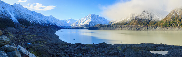 Panorama of Lake Tasman at the foot of Tasman Glacier in Mount Cook National Park, New Zealand. 