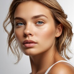 Obraz premium Beautiful brown haired with stylish short hairstyle. Woman with a curly hair. Beautiful young woman with freckles on face. Closeup portrait of an attractive girl