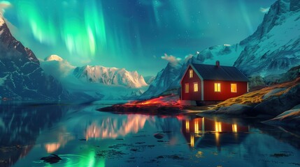 Fototapeta premium Panoramic Northern Lights, green turquoise bright Aurora Borealis polar lights stunning wallpaper poster banner design with copyspace