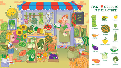 Help the girl buy vegetables. Find 13 objects in the picture. Hidden object puzzle. Vector illustration.