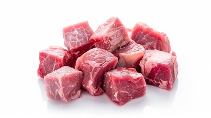 Diced red beef meet, cubes of raw beef isolated on white background.