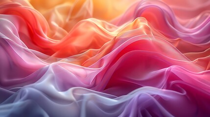 Fototapeta premium Wave patterns created by colorful silk ribbons in the wind. The ribbons flow gracefully, forming intricate wave-like shapes, with vibrant colors contrasting against a soft, blurred background