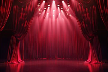 Spotlights illuminating an empty stage with red curtains, creating a dramatic atmosphere of anticipation
