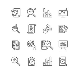 Set of analysis related icons, charts, graphs, reports, research, infographic, analytics and linear variety vectors.
