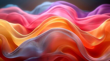 Obraz premium Wave patterns created by colorful silk ribbons in the wind. The ribbons flow gracefully, forming intricate wave-like shapes, with vibrant colors contrasting against a soft, blurred background.