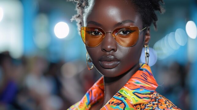 A close-up shot of a model strutting down the runway, showcasing a bold and avant-garde outfit. The model's confident expression and striking pose capture the essence of high fashion. The vibrant