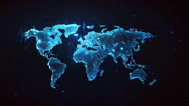 A glowing blue world map made of tiny dots on a black background.