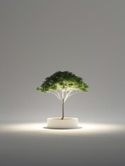 Small green tree in a white pot on a white background with spotlight