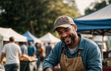 smiling market vendor at his stall with cap and apron