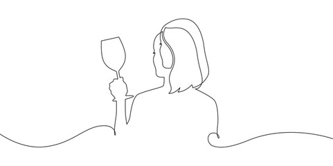 Woman holding wine glass line art style vector on transparent background